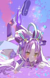 1girl ahoge aqua_hair asymmetrical_dress boots bow bowtie bracelet bridal_gauntlets brooch bubble clip_studio_paint_(medium) closed_mouth cure_kyunkyun double_bun dress expressionless footwear_bow frilled_dress frills full_body hair_bobbles hair_bow hair_bun hair_ornament hair_spread_out heart heart_brooch highres jewelry kimi_to_idol_precure knee_boots legs_up light_blush long_hair lying lying_on_water multicolored_hair natadekoko_(nata_hfa) off-shoulder_dress off_shoulder on_stomach paint_splatter paint_splatter_on_face parted_bangs plaid_bow plaid_clothes plaid_dress platform_boots pleated_sleeves precure purple_background purple_boots purple_bow purple_bowtie purple_dress purple_hair purple_thighhighs shigure_kokoro short_dress short_sleeves single_off_shoulder solo sparkle streaked_hair sweatdrop thighhighs twintails two-tone_hair very_long_hair water white_bridal_gauntlets yellow_eyes