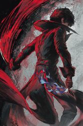 1boy absurdres amamiya_ren andrich_galam belt black_belt black_coat black_gloves black_hair black_pants coat commentary english_commentary feet_out_of_frame gloves highres holding holding_unworn_clothes joker_(persona_5) limited_palette long_sleeves male_focus mask mystical_high_collar pants persona persona_5 short_hair sleeve_cuffs solo standing unworn_mask