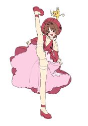 absurdres blush brown_hair cardcaptor_sakura closed_eyes costume crotch dorontabi hat highres kero_(cardcaptor_sakura) kinomoto_sakura leg_up loli pantyhose presenting short_hair skirt split spread_legs standing standing_on_one_leg standing_split sweat upskirt
