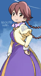 Rule 34 | 1girl, apocalypse hotel, blush, braid, breasts, brown hair, cloud, contrail, dress, grin, hand on own hip, jacket, long hair, long sleeves, looking at viewer, medium breasts, muramasa mikado, open clothes, open jacket, print jacket, puffy sleeves, purple dress, sky, smile, standing, teeth, twin braids, yachiyo (apocalypse hotel), yellow eyes, yellow jacket