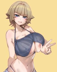 1girl areola_slip blue_eyes bow_(bhp) breasts brown_hair collarbone commentary_request copyright_request highres large_breasts looking_at_viewer navel open_mouth short_hair simple_background smile solo v yellow_background