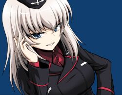 Rule 34 | 1girl, arm support, blue background, blue eyes, colored skin, cross, emblem, girls und panzer, grey hair, itsumi erika, kamishima kanon, kuromorimine (emblem), kuromorimine military uniform, looking at viewer, red shirt, shirt, smile, solo, white skin
