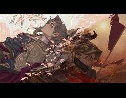 1boy armor artist_name asymmetrical_bangs blood blood_on_face blue_robe blue_sky bracer branch brown_eyes brown_hair brown_robe burning canayams chinese_armor chinese_clothes closed_eyes closed_mouth commentary dagger dual_persona embers english_commentary facial_tattoo fire flag flower frown glaring halo hand_up hanfu high_collar high_ponytail highres holding holding_dagger holding_flag holding_knife holding_weapon knife letterboxed lying male_focus orange_sky outdoors parted_lips pei_ming pink_clouds pink_flower ponytail robe running shoulder_armor sky tattoo tianguan_cifu upper_body war weapon xiao_guan_(headdress)
