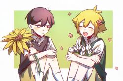 Rule 34 | 2boys, antenna hair, bailan1130, basil (faraway) (omori), basil (omori), black eyes, black hair, black sweater vest, blonde hair, blush, bright pupils, brown shorts, closed eyes, closed mouth, collared shirt, crossed arms, flower, green sweater vest, grey eyes, hair flower, hair ornament, heterochromia, highres, holding, holding flower, knees up, looking at another, male focus, multiple boys, omori, open mouth, shirt, short hair, short sleeves, shorts, sitting, smile, socks, spoilers, sunflower, sunny (omori), sweater vest, teeth, upper teeth only, white pupils, white shirt, white socks