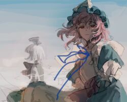 2girls aqua_dress aqua_hat black_bow black_bowtie blue_background blue_ribbon bow bowtie closed_mouth collared_dress dress hair_bow hat konpaku_youmu medium_hair mob_cap multiple_girls neck_ribbon pink_hair red_eyes ribbon saigyouji_yuyuko short_hair sketch touhou triangular_headpiece white_hair xian_qishui