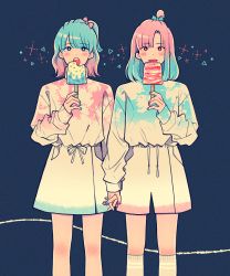 Rule 34 | 2girls, blouse, blue background, blue bow, blue eyes, blue hair, blue nails, blue shirt, blush, bow, braid, circle, commentary request, cross, crown braid, drawstring, eating, feet out of frame, food, gradient hair, hair bow, hand up, highres, holding hands, ikkaf sk, interlocked fingers, leg warmers, licking, long sleeves, looking at viewer, medium hair, multicolored hair, multiple girls, nail polish, noise, open mouth, original, pink bow, pink hair, pink nails, pink shirt, ponytail, popsicle, red eyes, shirt, short ponytail, shorts, simple background, skirt, teeth, tongue, tongue out, topknot, triangle, upper teeth only, white shirt, white shorts, white skirt