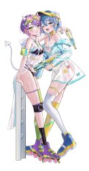 2girls arm_over_shoulder armband asymmetrical_legwear bandeau bare_shoulders bikini black_bikini black_socks blue_hair blush breasts choker closed_mouth demon_girl full_body goggles goggles_on_head green_eyes green_theme hair_bun high_tops highres holding holding_water_gun hololive hood hooded_jacket horns hoshimachi_suisei jacket jewelry knee_pads looking_at_viewer looking_to_the_side multi-strapped_bikini_bottom multiple_girls necklace o-ring o-ring_bikini off_shoulder one_eye_closed open_mouth pointy_ears roller_skates sanada_keisui see-through_clothes see-through_jacket shoes simple_background single_side_bun skates skindentation small_breasts sneakers socks swimsuit tattoo thigh_strap thighhighs tokoyami_towa tongue tongue_out uneven_legwear virtual_youtuber visor_cap water_gun wet white_background white_thighhighs white_visor yellow_theme