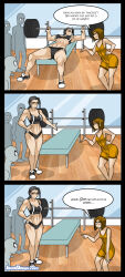 2girls 3boys abs absurdres antenna_hair arm_support artist_name ass bare_legs bare_shoulders blue_eyes bob_cut breast_press breast_rest breasts breasts_on_table cleavage cup curvy desk english_text exercising faceless faceless_male grey_hair gym gym_shorts gym_uniform hand_on_own_hip highres holding holding_cup jago_dibuja large_breasts lips long_hair looking_at_another low_ponytail mila_(living_with_hipstergirl_and_gamergirl) mole mole_under_mouth multiple_boys multiple_girls muscular muscular_female navel open_mouth original ponytail shirt shoes short_hair short_shorts shorts smug sneakers sports_bikini sports_bra thighs weightlifting weights wide_hips