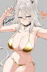 1girl absurdres alternate_costume animal_ear_fluff animal_ear_piercing animal_ears armpits bare_arms bare_shoulders bikini black_choker breasts choker claw_pose cleavage collarbone commentary_request fingernails gold_bikini golden_week grey_eyes grey_hair hair_between_eyes highres hololive jewelry large_breasts lion_ears lion_girl lion_tail long_hair looking_at_viewer navel necklace notice_lines shishiro_botan side-tie_bikini_bottom signature simple_background skindentation solo stomach swimsuit tail thighs virtual_youtuber wet zexalmike