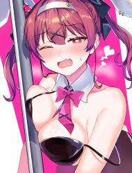 1girl absurdres alternate_costume animal_ear_piercing animal_ears bare_shoulders black_leotard blush breasts collarbone detached_collar fake_animal_ears fake_tail fang hair_ornament heart heart-shaped_pupils highres hololive houshou_marine large_breasts leotard looking_at_viewer one_eye_closed pandada_san pink_background pink_ribbon playboy_bunny pole rabbit_ears rabbit_hole_(vocaloid) rabbit_tail red_eyes red_hair ribbon skin_fang solo strap_slip stripper_pole symbol-shaped_pupils tail twintails virtual_youtuber vocaloid x_hair_ornament