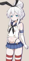 Rule 34 | 1girl, absurdres, black hairband, black neckerchief, black panties, blue eyes, blue sailor collar, blue skirt, colored eyelashes, cosplay, crop top, deux murasame, elbow gloves, gloves, gundam, gundam gquuuuuux, hair between eyes, hair bun, hairband, highleg, highleg panties, highres, horizontal-striped thighhighs, kantai collection, microskirt, navel, neckerchief, panties, pleated skirt, purple pupils, rakutosu, sailor collar, shimakaze (kancolle), shimakaze (kancolle) (cosplay), sidelocks, skirt, solo, striped clothes, striped thighhighs, thighhighs, thong, underwear, white eyelashes, white gloves, white hair