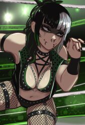 Rule 34 | 1girl, absurdres, bare shoulders, black choker, black eyes, black hair, black nails, blunt bangs, breasts, choker, fishnets, highres, large breasts, mika (veyonis), multicolored hair, original, piercing, smile, two-tone hair, veyonis, wrestling outfit, wrestling ring