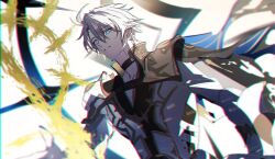 1boy antenna_hair armor black_choker black_shirt blue_cape blue_eyes cape choker coat hair_between_eyes highres honkai:_star_rail honkai_(series) looking_to_the_side male_focus minarii_s parted_lips pauldrons phainon_(honkai:_star_rail) shirt short_hair shoulder_armor single_pauldron solo teeth white_coat white_hair