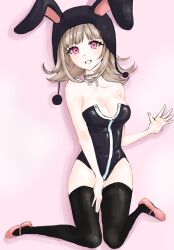 1girl animal_ears bare_shoulders black_leotard black_thighhighs breasts brown_hair chacha_(user_gzzm4533) cleavage collarbone danganronpa_(series) danganronpa_2:_goodbye_despair fake_animal_ears flipped_hair grey_background grin groin highres large_breasts leotard looking_at_viewer medium_hair nanami_chiaki neck_ribbon pink_eyes pink_ribbon pink_shoes playboy_bunny rabbit_ears ribbon shoes simple_background smile solo teeth thighhighs