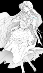 1girl barefoot black_background bonnet braid center_frills doll_joints elden_ring elden_ring_nightreign frilled_bonnet frilled_skirt frilled_sleeves frills goth_fashion gothic_lolita joints juliet_sleeves lolita_fashion long_sleeves low_twin_braids monochrome puffy_sleeves revenant_(elden_ring) skirt solo twin_braids veil xxq_002