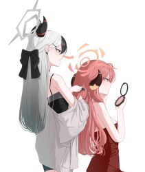 2girls absurdres aru_(blue_archive) aru_(dress)_(blue_archive) black_bow black_dress black_horns blue_archive bow brown_horns brushing_another&#039;s_hair brushing_hair comb demon_horns dress ear_piercing grey_jacket hair_bow halo hashtag-only_commentary highres hit_by_hit holding holding_comb horns jacket kayoko_(blue_archive) kayoko_(dress)_(blue_archive) multiple_girls official_alternate_costume official_alternate_hairstyle open_mouth orange_eyes piercing pink_hair red_dress red_eyes simple_background sweat white_background