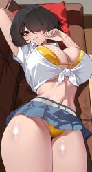 1girl arm_up artist_request bikini breasts couch ela_angraeni_(rev60) gold_bikini hair_ornament hair_over_one_eye hairclip highres indonesian_high_school_uniform large_breasts lying midriff miniskirt navel navel_piercing on_back on_couch piercing rev60 shirt short_hair skirt swimsuit tied_shirt unbuttoned unbuttoned_shirt
