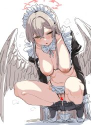 1girl black_panties black_sleeves black_socks blue_archive blush breasts brown_hair clearite collar collarbone cup female_pubic_hair frilled_collar frilled_sleeves frills gloves halo large_breasts long_hair maid maid_headdress nagisa_(blue_archive) navel nipples open_mouth panties peeing pubic_hair pussy red_halo ribs shoes simple_background socks solo squatting straight_hair teacup underwear white_background white_collar white_gloves white_shoes white_wings wings yellow_eyes
