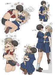 2girls blue_eyes breast_rest breasts breasts_on_head brown_eyes buruma carrying carrying_person collage full_body girl_on_top gym_uniform height_difference highres hug hug_from_behind kei_(m_k) kiss lauren_phillips_lifting_alice_merchesi_(meme) leg_lock lifting_person lying m_k medium_breasts meme multiple_girls on_back original pantyhose red_sports_bra rika_(m_k) school_uniform small_breasts sports_bra sweat tall_female tomboy track_uniform yuri