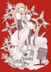 1girl amane_misa bare_shoulders black_choker blonde_hair breasts choker cleavage cross cross_necklace death_note detached_sleeves earrings eyelashes goth_fashion highres jewelry jun_wu_mo large_breasts legs looking_at_viewer necklace nun open_mouth solo thick_thighs thighhighs thighs tongue twintails