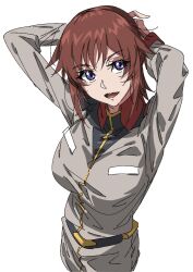 Rule 34 | 1girl, arm behind head, arms up, belt, breasts, brown hair, earth federation, gundam, gundam lost war chronicles, highres, long sleeves, looking at viewer, military, military uniform, miyu takisawa, open mouth, paintedmike, purple eyes, shirt, short hair, simple background, solo, white background