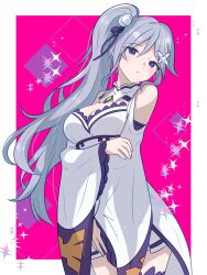 1girl absurdres breasts commission commissioner_upload cosplay crossover emilia_(re:zero) fire_emblem fire_emblem:_genealogy_of_the_holy_war flower hair_flower hair_ornament highres ishtar_(fire_emblem) long_hair long_sleeves nintendo ponytail purple_eyes re:zero_kara_hajimeru_isekai_seikatsu side_ponytail skeb_commission takasaka_light