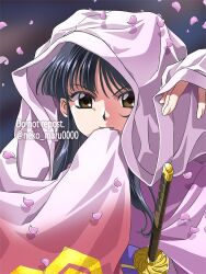 Rule 34 | 1girl, blue hair, breasts, brown eyes, cherry blossoms, covering mouth, hand on mouth, highres, japanese clothes, long hair, looking at viewer, medium breasts, ribbon, sakura taisen, sega, shinguuji sakura, smile, solo, sword, weapon
