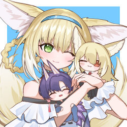 1girl animal_ears arknights blonde_hair blue_hairband character_doll commentary_request doll fox_ears fox_girl fox_tail green_eyes hairband highres imakokotea_(imakoko) kitsune multiple_tails one_eye_closed smile suzuran&#039;s_father_(arknights) suzuran_(arknights) tail vulpisfoglia_(arknights)