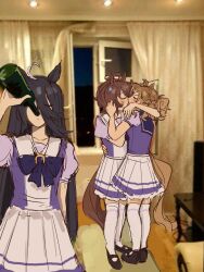Rule 34 | 3girls, agnes tachyon (umamusume), ahoge, animal ears, arm around neck, arm up, black hair, black shoes, blush, bottle, bow, bowtie, braid, brown hair, chair, chemical structure, curtains, drinking, ear ornament, earrings, foxszns, grey hair, hair between eyes, half up half down braid, hand on another&#039;s face, hand up, highres, holding, holding bottle, horse ears, horse girl, horse tail, jewelry, jungle pocket (umamusume), kiss, long bangs, long hair, long hair between eyes, manhattan cafe (umamusume), medium hair, meme, meme request, multicolored hair, multiple girls, notched ear, open window, photo background, pleated skirt, ponytail, puffy short sleeves, puffy sleeves, purple bow, purple bowtie, purple sailor collar, purple shirt, sailor collar, school uniform, shirt, shirt tucked in, shoes, short ponytail, short sleeves, single earring, skirt, standing, table, tail, tracen school uniform, umamusume, very long hair, white skirt, window, wine bottle, yuri