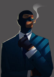 1boy adjusting_clothes adjusting_necktie balaclava blu_spy_(tf2) blue_eyes blue_gloves blue_jacket blue_necktie cigarette closed_mouth collared_shirt commentary english_commentary fatoid formal_clothes gloves grey_background highres jacket long_sleeves male_focus necktie photoshop_(medium) shirt simple_background smoke smoking solo spy_(tf2) striped_clothes striped_jacket team_fortress_2 upper_body vertical-striped_clothes vertical-striped_jacket white_shirt
