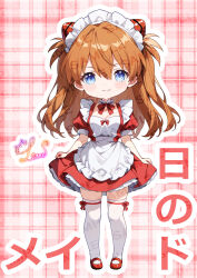 1girl absurdres alternate_costume apron blue_eyes bow bowtie breasts chibi closed_mouth dress enmaided fang frilled_dress frills highres leone_(kamina0205) looking_at_viewer maid maid_apron maid_day maid_headdress neon_genesis_evangelion orange_hair plaid_background puffy_short_sleeves puffy_sleeves red_bow red_bowtie red_dress shoes short_sleeves small_breasts smile solo souryuu_asuka_langley standing thighhighs two_side_up white_thighhighs zettai_ryouiki
