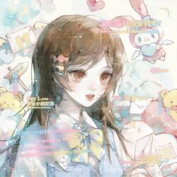 Rule 34 | 1girl, blue vest, bow, bowtie, brown eyes, brown hair, buttons, candy hair ornament, character print, chinese commentary, cinnamoroll, cloud, collared shirt, commentary request, commission, dagongren baozai, envelope, food-themed hair ornament, fuwa fuwa cinnamoroll, hair ornament, hairclip, heart, holding, holding envelope, letter, long hair, looking at object, love letter, my melody, onegai my melody, original, pale skin, parted bangs, photo (object), sample watermark, sanrio, school uniform, shirt, short sleeves, sign, solo, sparkle, stuffed animal, stuffed toy, sweater vest, teddy bear, too many watermarks, upper body, v-neck, very long hair, vest, viewfinder, watermark, weibo watermark, white background, white shirt, yellow bow, yellow bowtie