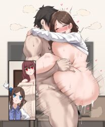 1boy 3girls aster_crowley black_hair blue_eyes blush bottomless breasts brown_hair curvy dress fate/grand_order fate_(series) highres huge_breasts leonardo_da_vinci_(fate) leonardo_da_vinci_(fate/grand_order) leonardo_da_vinci_(rider)_(fate) long_hair long_sleeves multiple_girls nude off-shoulder_sweater off_shoulder open_mouth parted_bangs pout purple_hair red_eyes scathach_(fate) short_hair smile suspended_congress sweater sweater_dress textless_version thick_thighs thighs white_sweater