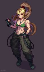1girl abs biceps bikini blonde_hair blue_eyes breasts dog_tags dragunov_(metal_slug) fingerless_gloves flexing gloves green_bikini green_pants highres large_breasts legafe1 long_hair loose_clothes metal_slug metal_slug_attack muscular muscular_female obliques one-eyed one_eye_closed pants pixel_art ponytail scar scar_across_eye scar_on_face solo swimsuit