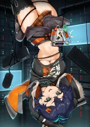 1girl absurdres belle_(zenless_zone_zero) black_jacket black_shirt black_skirt blue_hair bound breasts cable clothes_writing commentary computer_keyboard computer_mouse english_commentary green_eyes hair_ornament highres hirosenpai jacket letter_hair_ornament medium_breasts miniskirt navel open_mouth shirt short_hair skirt smile solo stomach thighhighs tied_up_(nonsexual) underboob upside-down zenless_zone_zero