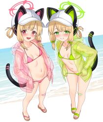 2girls animal_ears animal_hat bandaid bandaid_on_leg baseball_cap beach bikini blonde_hair blue_archive blush breasts cameltoe cat_ears cat_hat cat_tail eyebrows_hidden_by_hair feichu_keju full_body green_bikini green_eyes green_halo groin hair_rings halo hat highres leaning_forward loli looking_at_viewer medium_hair midori_(blue_archive) momoi_(blue_archive) multiple_girls navel ocean open_mouth petite pink_bikini pink_eyes pink_halo raincoat sandals see-through_clothes see-through_raincoat siblings single_hair_ring sisters small_breasts smile stomach swimsuit tail teeth twins undressing upper_teeth_only white_hat