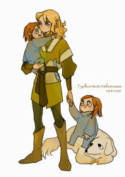 1other 2019 3boys amras amrod artist_name black_eyes blonde_hair blue_eyes boots brothers carrying carrying_person celegorm character_name closed_mouth dated dog elf full_body grey_eyes holding_hands huan_(silmarillion) looking_at_another looking_up lying medium_hair multiple_boys on_stomach open_mouth pet pointy_ears prince red_hair siblings simple_background sitting_on_animal the_silmarillion tolkien&#039;s_legendarium twins viery wavy_hair white_background