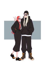 1boy 1girl black_hat black_hoodie black_pants black_skirt commentary_request full_body hand_in_pocket hat heart_blody highres hood hoodie limejuice_(one_piece) long_hair looking_at_viewer multicolored_hair one_piece one_piece_film:_red pants red_hair skirt smile sunglasses two-tone_hair uta_(one_piece) v white_hair