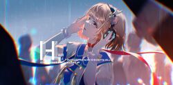 Rule 34 | 1girl, acatindoor, adjusting headphones, animal ears, antlers, blue eyes, blue necktie, blunt bangs, breasts, brown hair, choker, chromatic aberration, deer antlers, deer ears, deer girl, dress, film grain, hair ornament, hands up, headphones, highres, horns, indie utaite, kano (utaite), looking up, lower teeth only, necktie, open mouth, puffy short sleeves, puffy sleeves, red choker, red ribbon, ribbon, ribbon choker, sailor dress, scrunchie, see-through clothes, short hair, short necktie, short sleeves, small breasts, solo, star (symbol), star hair ornament, star pin, tearing up, teeth, twitter username, upper body, watermark, white dress, wrist scrunchie