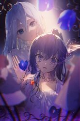 2girls absurdres asahina_mafuyu black_choker blue_eyes blue_flower choker chromatic_aberration collarbone commentary_request crossed_bangs dress flower glowing_gem hair_between_eyes hands_up heart heart-shaped_gem heart_choker high_ponytail highres kamatoyu kamen_no_watashi_ni_sayonara_wo_(project_sekai) long_hair looking_at_viewer multiple_girls musical_staff musical_staff_print official_alternate_costume open_mouth ponytail project_sekai purple_eyes purple_flower purple_hair removing_choker ribbon sidelocks upper_body white_dress white_hair white_ribbon yoisaki_kanade