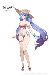 1girl absurdres bare_shoulders bead_bracelet beads bikini blue_eyes blue_hair blue_mittens bracelet breasts breasts_apart brown_hat chloe_(rememento) copyright_name copyright_notice frilled_armlet full_body gradient_hair hat highres jewelry knees_together_feet_apart logo long_hair low_twintails medium_breasts mittens multicolored_hair navel o-ring o-ring_thigh_strap official_art pink_bikini purple_hair rememento:_white_shadow sandals sarong single_mitten solo standing straw_hat swimsuit tachi-e thigh_strap twintails very_long_hair white_background white_sarong