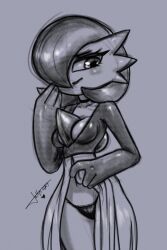 1girl black_panties bob_cut breasts dress gardevoir gen_3_pokemon grey_background hair_over_one_eye highres jollysart nintendo panties pokemon pokemon_(creature) signature simple_background smile underwear