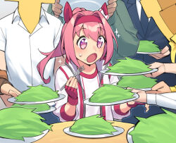 :o animal_ears dasdokter fingerless_gloves fork gloves grass haru_urara_(umamusume) headband highres holding holding_fork horse_ears horse_girl meme multiple_others pink_hair pink_headband plate solo_focus sparkle t-head_trainer_(umamusume) table tracen_training_uniform trainer_(umamusume) umamusume