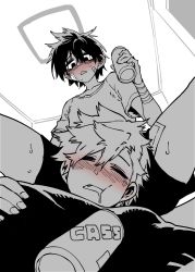 2boys alcohol bandage_on_thigh bandaid bandaid_on_face beer_can blush can drink_can drunk fang from_below greyscale highres jeong_surim lee_hoon looking_down male_focus messy_hair monochrome multiple_boys open_mouth parkgee saliva shirt sleeping suicide_boy sweat t-shirt yaoi