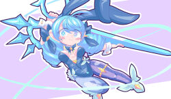 1girl adapted_costume animal_ears asymmetrical_legwear bare_shoulders blue_boots blue_bow blue_bowtie blue_eyes blue_hair blue_leotard blue_pantyhose boots bow bowtie breasts center_opening closed_mouth collar detached_collar dot_nose drill_hair eyebrows eyelashes fake_animal_ears fake_tail female_focus fishnet_pantyhose fishnets gwen_(league_of_legends) jumping kayo!!_(gotoran) large_breasts league_of_legends leaning_to_the_side leotard long_hair looking_at_viewer pantyhose playboy_bunny purple_background purple_pantyhose rabbit_ears rabbit_tail scissors simple_background smile solo star-shaped_pupils star_(symbol) strapless strapless_leotard symbol-shaped_pupils tail twin_drills two-tone_background two-tone_pantyhose white_background white_collar wrist_cuffs