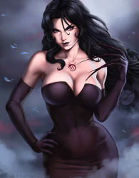 1girl bare_shoulders black_dress black_gloves black_hair black_lips breasts claws cleavage closed_mouth covered_navel dandon_fuga dress elbow_gloves female_focus floating_hair fog formal_clothes fullmetal_alchemist gloves hand_on_own_hip hand_up homunculus large_breasts lips lipstick long_hair looking_at_viewer lust_(fma) makeup monster_girl naughty_face neck pale_skin purple_eyes smile solo standing strapless strapless_dress tattoo
