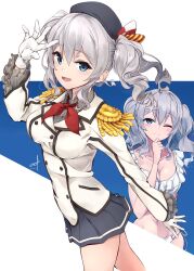 Rule 34 | 1girl, beret, bikini, blue eyes, breasts, commentary request, cowboy shot, epaulettes, frilled bikini, frilled sleeves, frills, gloves, grey hair, grey skirt, hat, highres, jacket, kantai collection, kashima (kancolle), large breasts, long hair, long sleeves, looking at viewer, military jacket, military uniform, minosu, multiple views, neckerchief, pleated skirt, red neckerchief, skirt, swimsuit, twintails, wavy hair, white bikini, white gloves