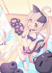 1girl @_@ absurdres animal_ears animal_hands barefoot blush bra breasts brown_eyes cat_ears cat_lingerie cat_paws cat_tail embarrassed fake_animal_ears fake_tail frilled_bra frilled_panties frills gloves highres indoors long_hair looking_at_viewer meme_attire mirror on_floor onii-chan_wa_oshimai! open_mouth oyama_mahiro panties paw_gloves petite pink_hair purple_bra purple_panties sitting small_breasts solo tail twintails underwear very_long_hair wuhuo yokozuwari
