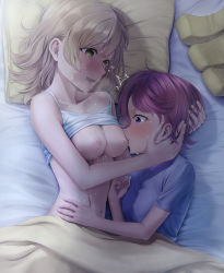 2girls ^^^ absurdres bare_arms bare_shoulders bed blanket blue_pajamas blush breast_sucking breasts camisole cleavage clenched_hand clothes_lift collarbone commentary_request commission daiba_nana fingernails green_eyes hair_down hand_on_another&#039;s_stomach hands_on_another&#039;s_head hands_up heart heart_in_eye heavy_breathing highres indoors isurugi_futaba light_brown_hair looking_at_another lying medium_breasts medium_hair multiple_girls navel nipples on_bed on_side open_mouth pajamas pillow pink_hair pixiv_commission profile purple_eyes raised_eyebrows saliva shadow shirt_lift short_hair short_sleeves shoujo_kageki_revue_starlight shroomia smile stomach sweat swept_bangs symbol_in_eye teeth under_covers upper_teeth_only white_camisole yuri
