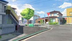 air_conditioner balcony blue_sky building car cloud commentary_request crosswalk garage highres house isbeyvan japan motor_vehicle no_humans original outdoors power_lines scenery shadow sky tree utility_pole window